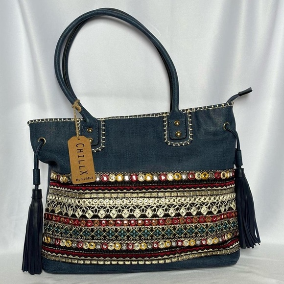 Handbags - Navy Blue Embroidered Tote Bag